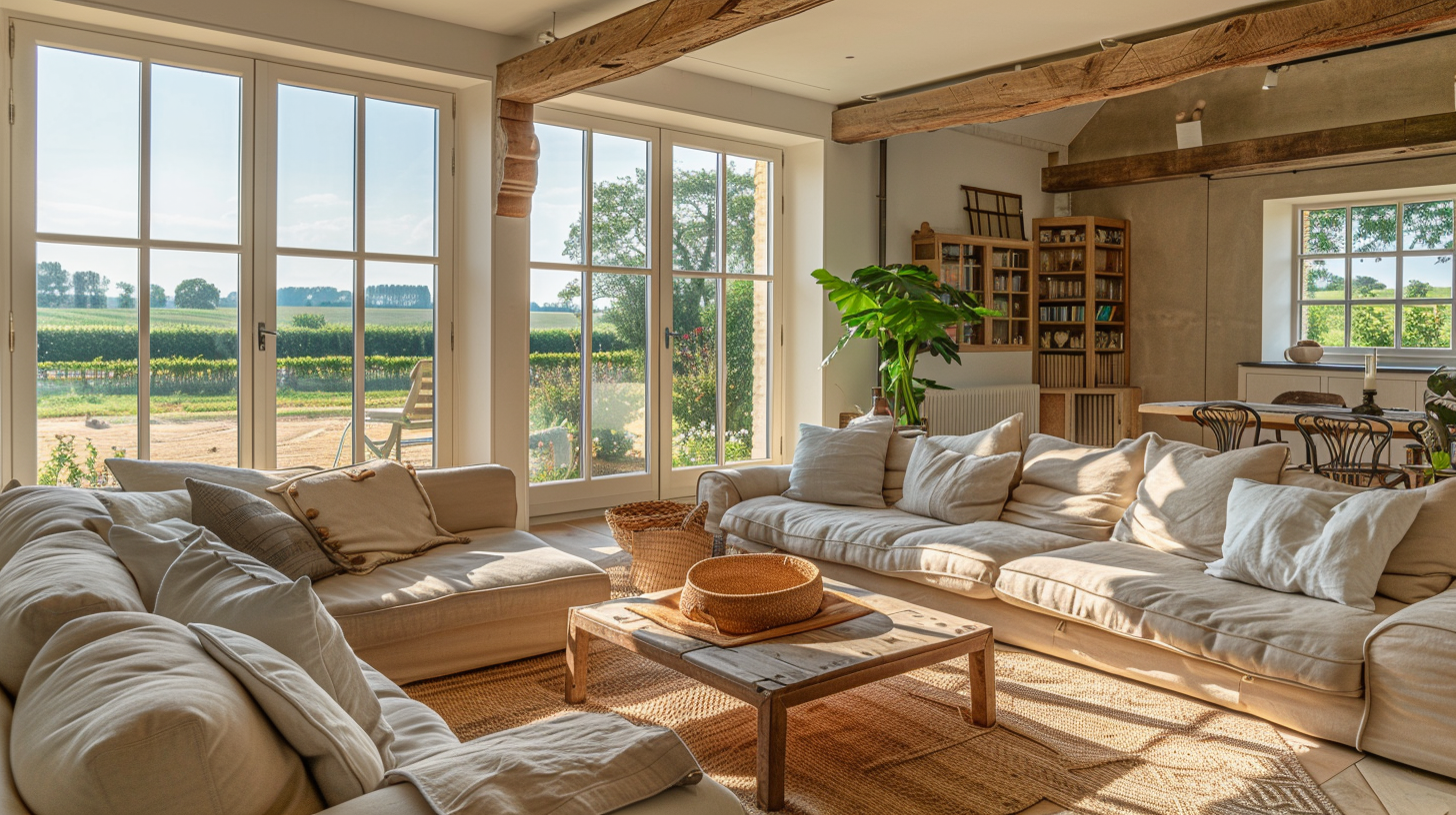 Salon lumineux de longère normande rénovée, intérieur bohème chic, calme et naturel